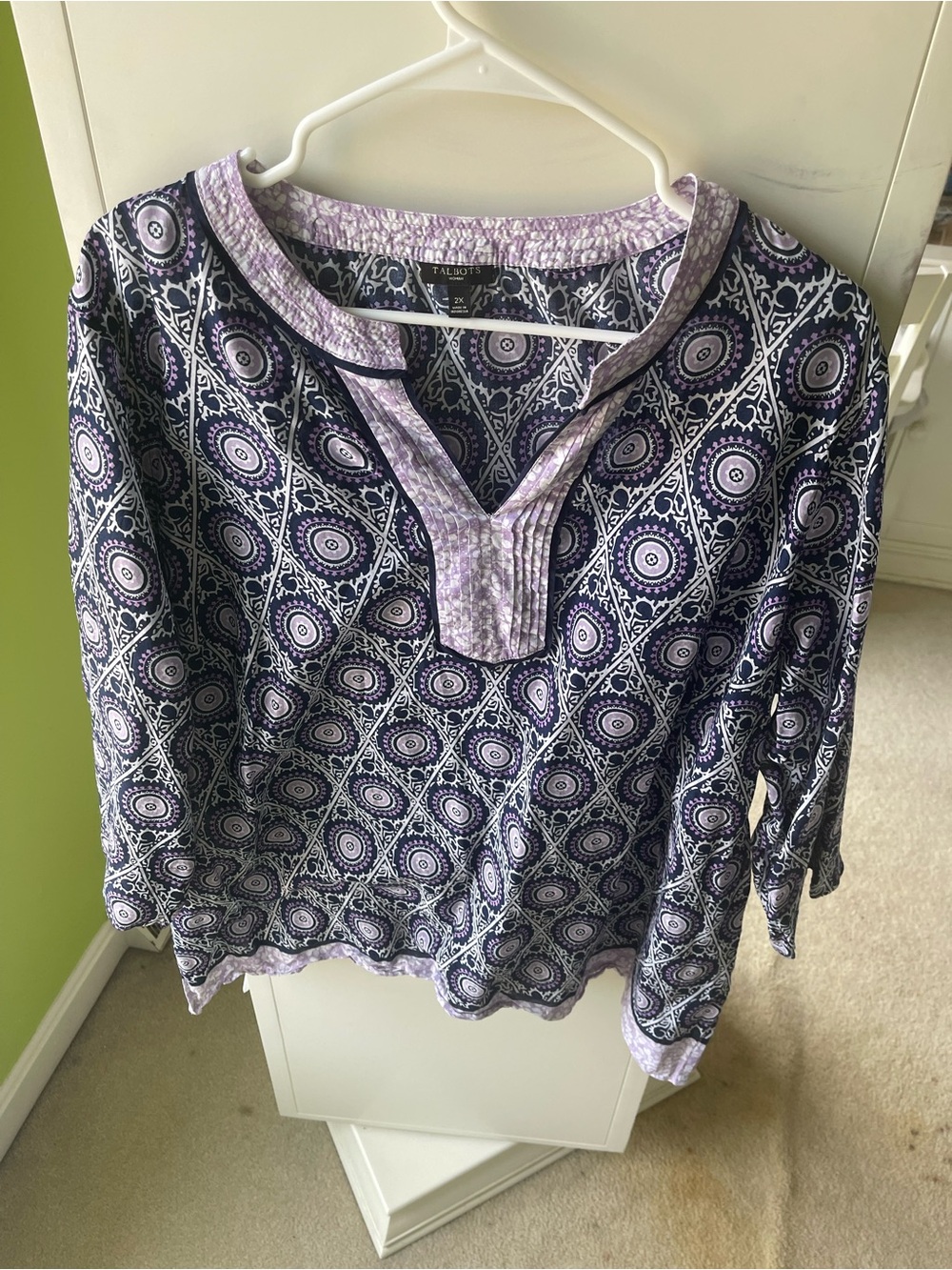 Talbots Navy and Lavender Geometric Split-Neck Tunic